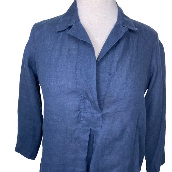 GRASSROOT by Anita Dongre 100% Linen Split Neck Collared Pleated Blouse Navy - Picture 6 of 10